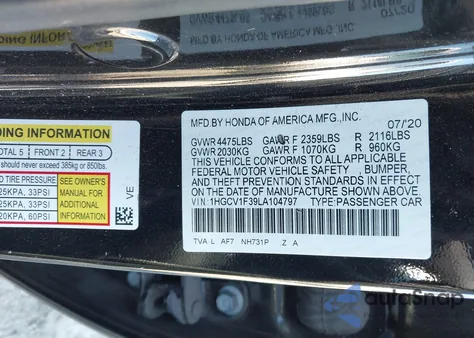 2020 Honda Accord Sport from USA, damaged, VIN 1HGCV1F39LA104797